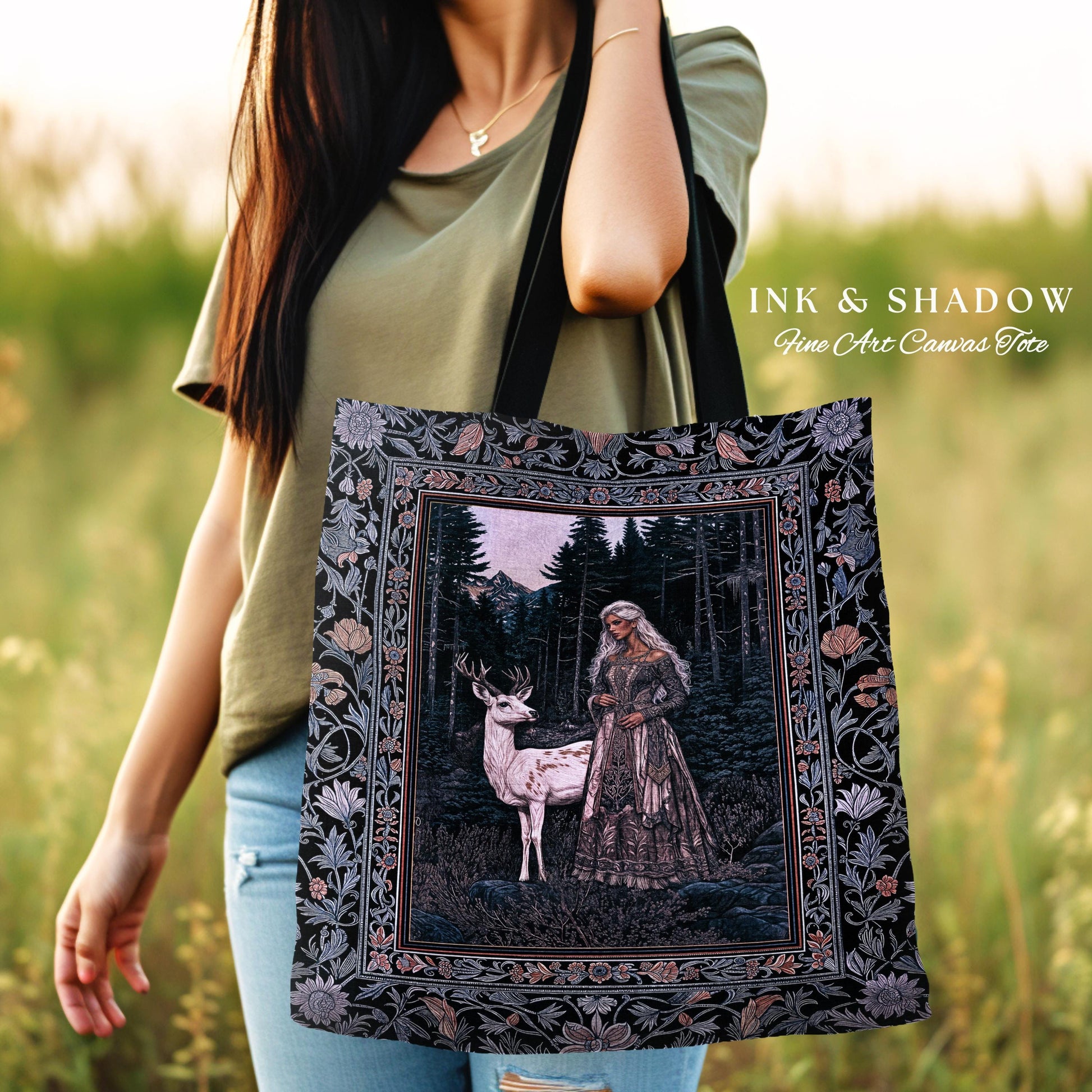 Gothic Forest Spirit Tapestry Tote | Dark Academia Storybook Aesthetic Witchy Baroque Bedroom Decor Forest Nymph Whimsigothic Fantasy Bag |