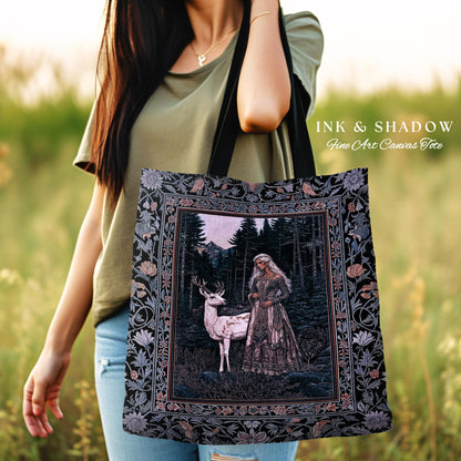 Gothic Forest Spirit Tapestry Tote | Dark Academia Storybook Aesthetic Witchy Baroque Bedroom Decor Forest Nymph Whimsigothic Fantasy Bag |