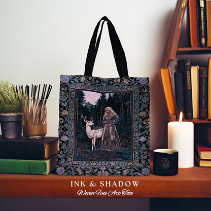 Gothic Forest Spirit Tapestry Tote | Dark Academia Storybook Aesthetic Witchy Baroque Bedroom Decor Forest Nymph Whimsigothic Fantasy Bag |