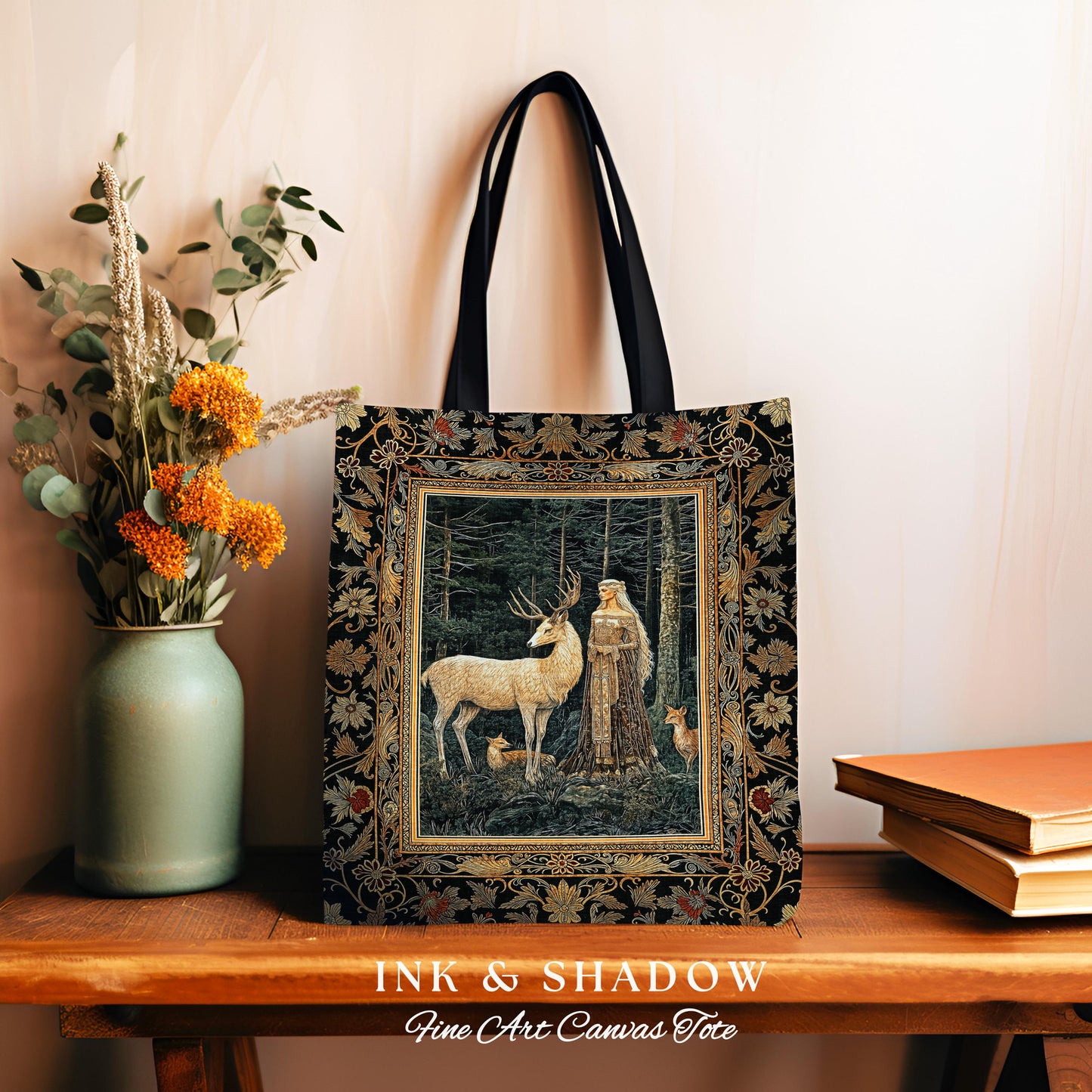 Dark Renaissance Woodland Everyday Tote | Elegant Fairycore Tapestry Bag Mythic Landscape Gothic Forest Spirit Animal Blanket Forest Nymph