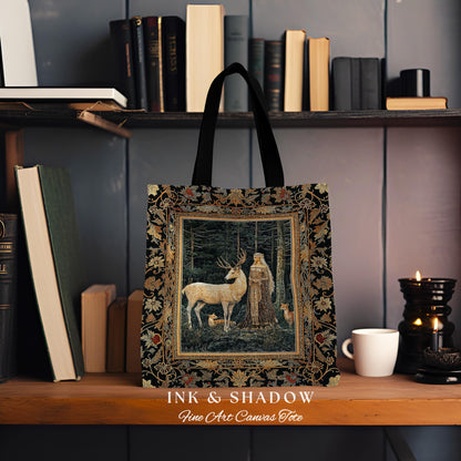 Dark Renaissance Woodland Everyday Tote | Elegant Fairycore Tapestry Bag Mythic Landscape Gothic Forest Spirit Animal Blanket Forest Nymph