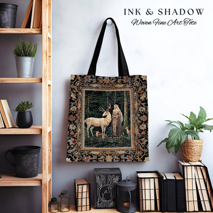 Dark Renaissance Woodland Everyday Tote | Elegant Fairycore Tapestry Bag Mythic Landscape Gothic Forest Spirit Animal Blanket Forest Nymph