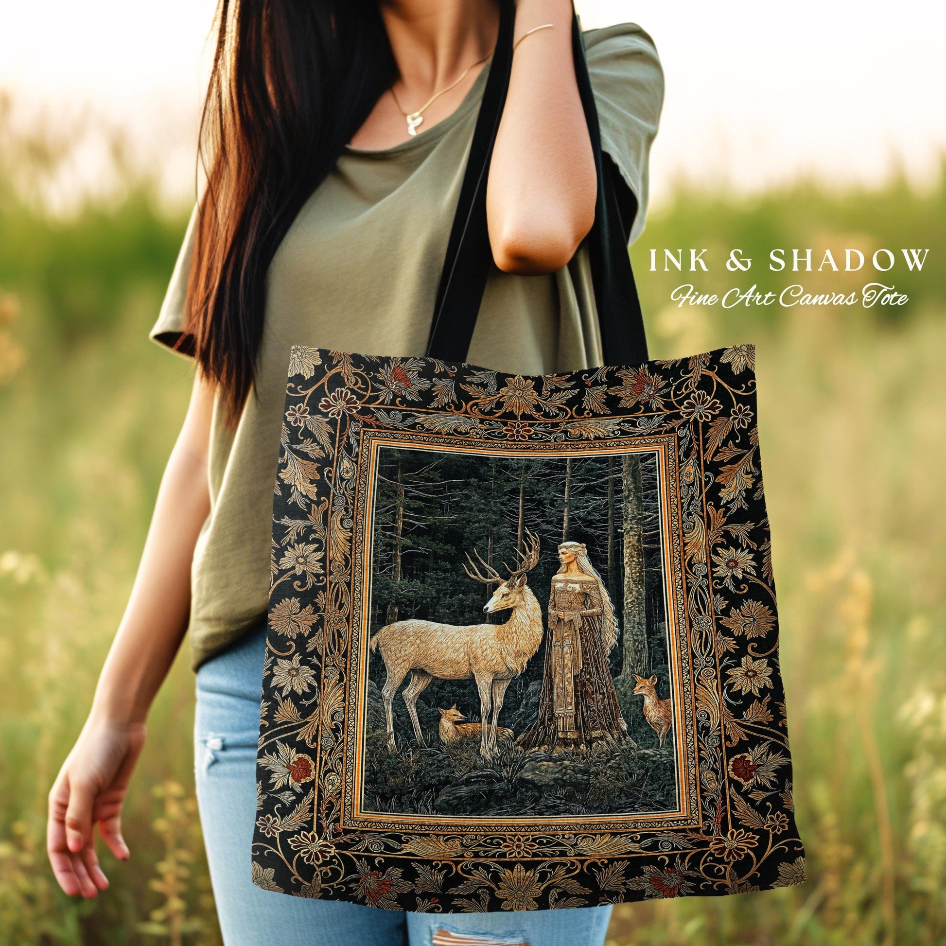 Dark Renaissance Woodland Everyday Tote | Elegant Fairycore Tapestry Bag Mythic Landscape Gothic Forest Spirit Animal Blanket Forest Nymph