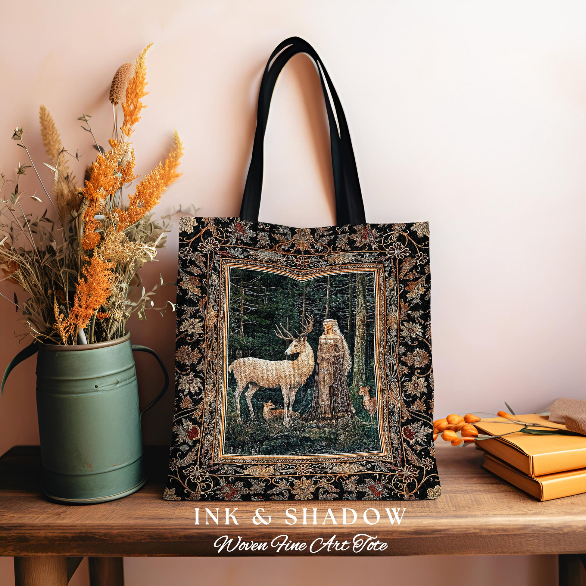 Dark Renaissance Woodland Everyday Tote | Elegant Fairycore Tapestry Bag Mythic Landscape Gothic Forest Spirit Animal Blanket Forest Nymph