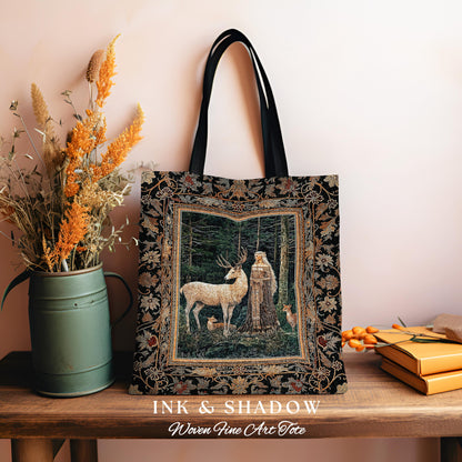 Dark Renaissance Woodland Everyday Tote | Elegant Fairycore Tapestry Bag Mythic Landscape Gothic Forest Spirit Animal Blanket Forest Nymph