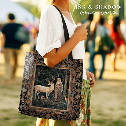 Dark Renaissance Woodland Everyday Tote | Elegant Fairycore Tapestry Bag Mythic Landscape Gothic Forest Spirit Animal Blanket Forest Nymph