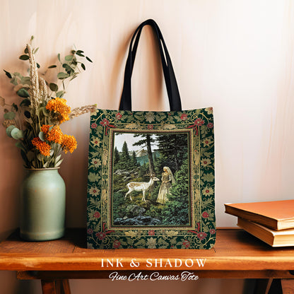 Fairytale Forest Fantasy Woven Tote | Woodland Whimsy Nymph Tapestry Bag Emerald Green Dark Fairycore Romantic Victorian Gothic Botanical |