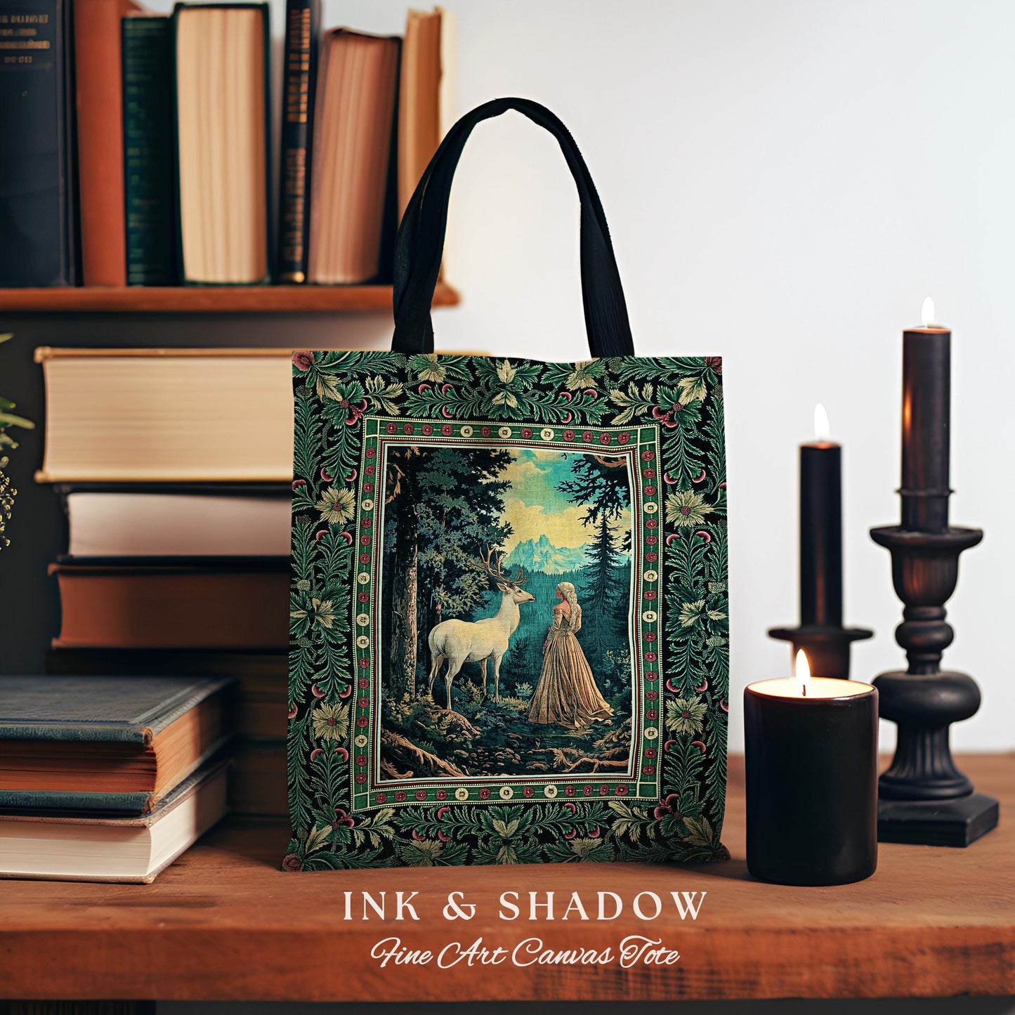 Faerie Realm Mystic Forest Tapestry Bag | Enchanted Gothic Landscape Dark Academia Nature Spirits Woven Tote Renaissance Magical Deer Art |