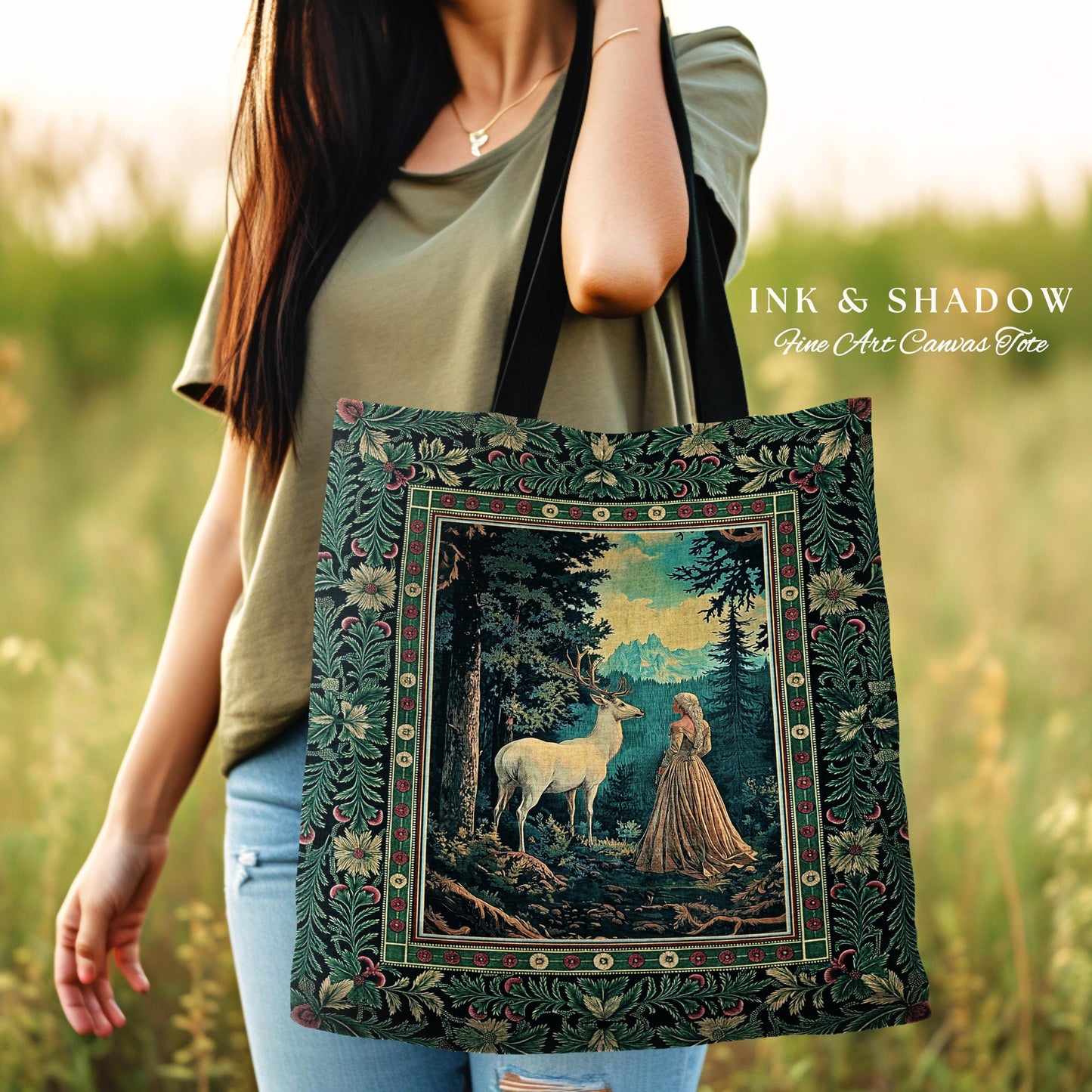 Faerie Realm Mystic Forest Tapestry Bag | Enchanted Gothic Landscape Dark Academia Nature Spirits Woven Tote Renaissance Magical Deer Art |