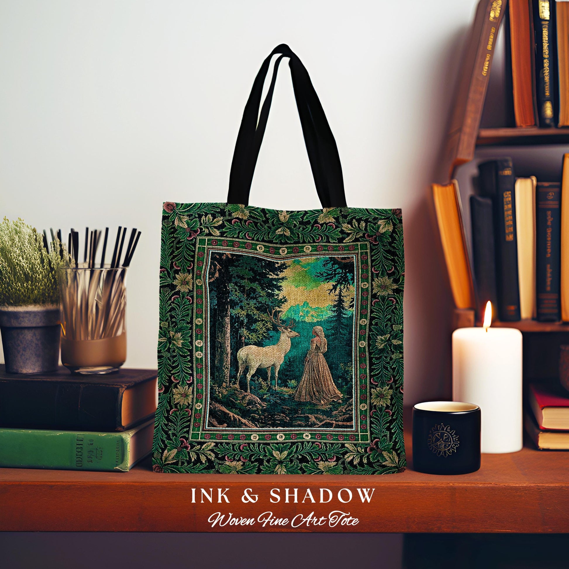 Faerie Realm Mystic Forest Tapestry Bag | Enchanted Gothic Landscape Dark Academia Nature Spirits Woven Tote Renaissance Magical Deer Art |