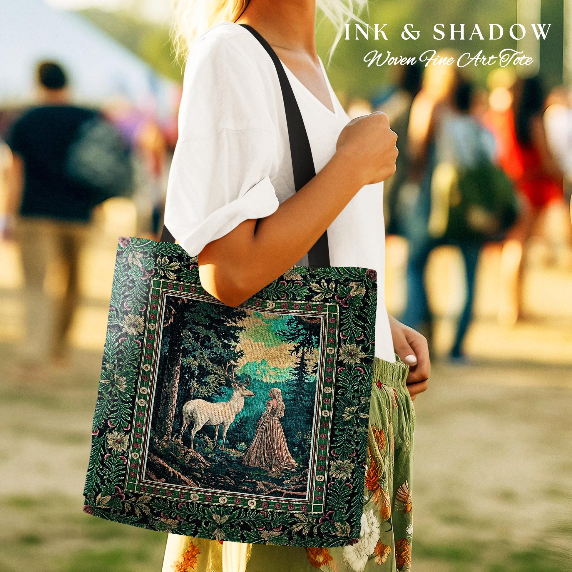 Faerie Realm Mystic Forest Tapestry Bag | Enchanted Gothic Landscape Dark Academia Nature Spirits Woven Tote Renaissance Magical Deer Art |