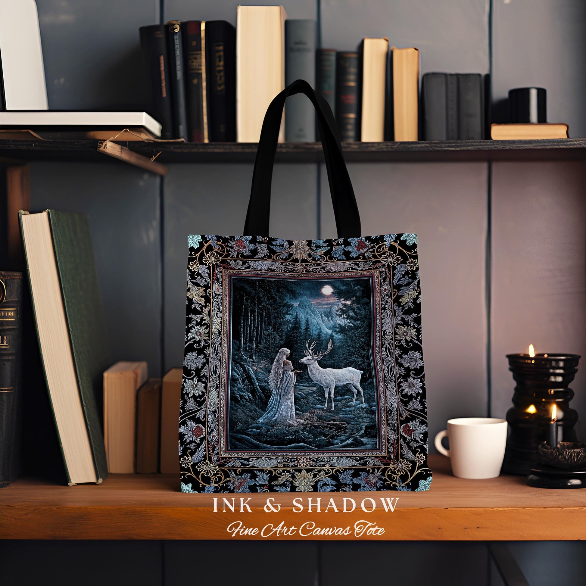 Midnight Magic Moonlit Fantasy Tote | Forest Goddess Spirit Animal Fairycore Ethereal Deer Woven Everyday Bag Folklore Inspired Nature |