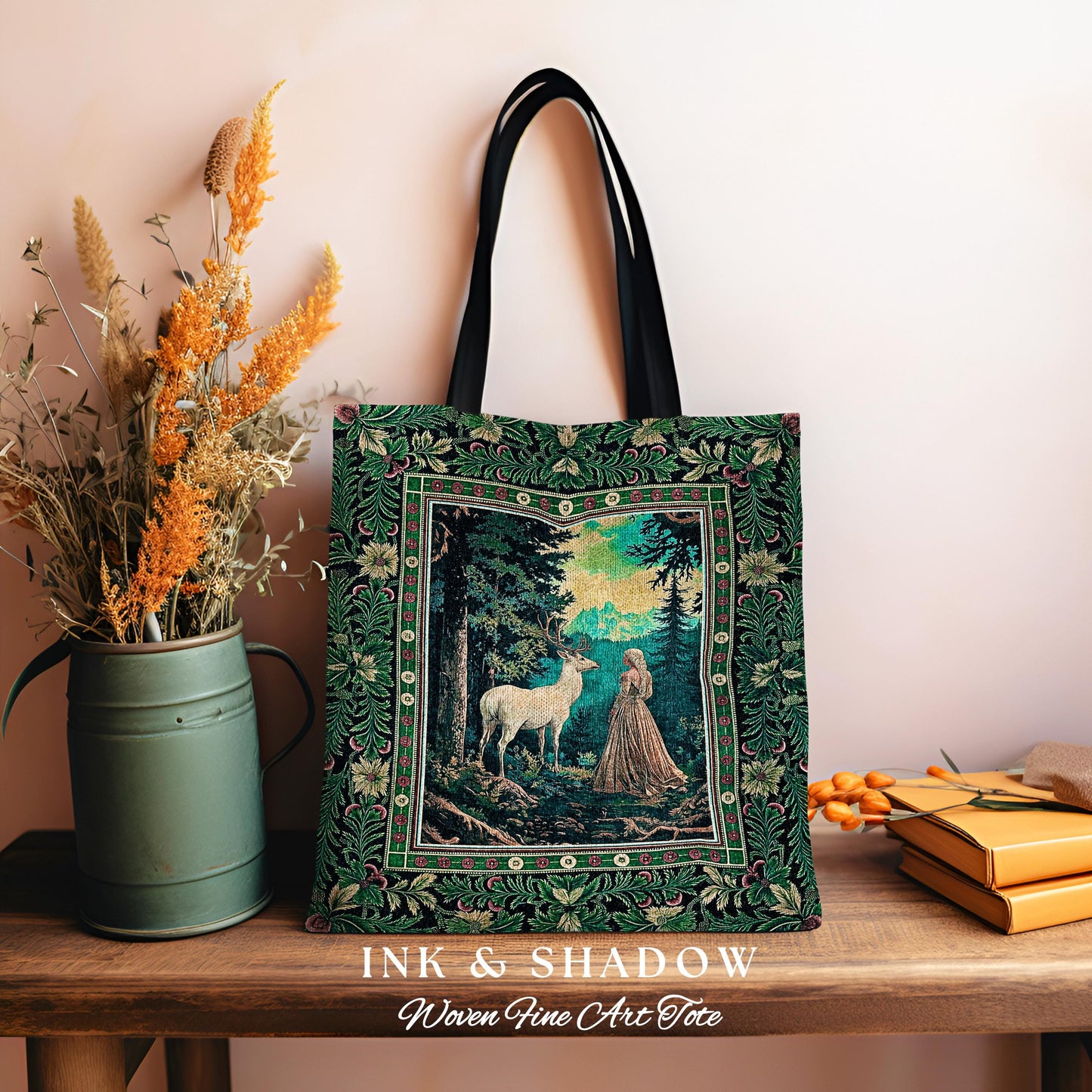 Faerie Realm Mystic Forest Tapestry Bag | Enchanted Gothic Landscape Dark Academia Nature Spirits Woven Tote Renaissance Magical Deer Art |