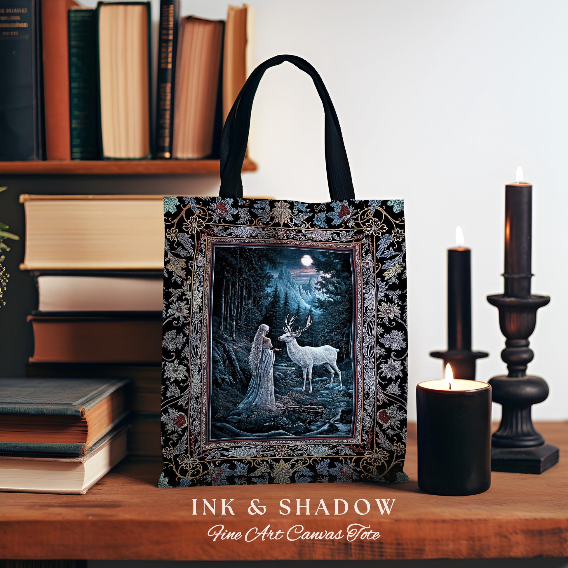 Midnight Magic Moonlit Fantasy Tote | Forest Goddess Spirit Animal Fairycore Ethereal Deer Woven Everyday Bag Folklore Inspired Nature |