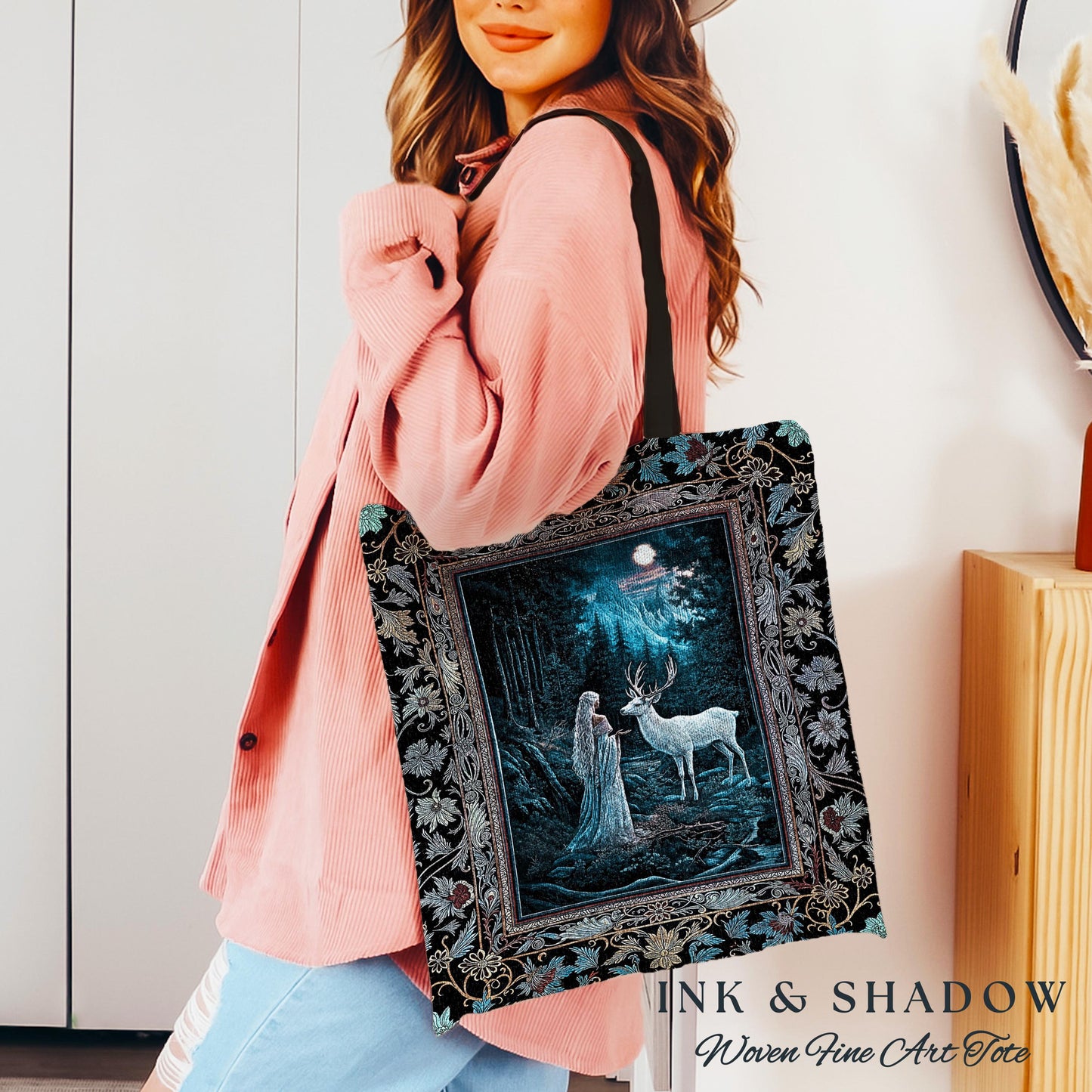 Midnight Magic Moonlit Fantasy Tote | Forest Goddess Spirit Animal Fairycore Ethereal Deer Woven Everyday Bag Folklore Inspired Nature |