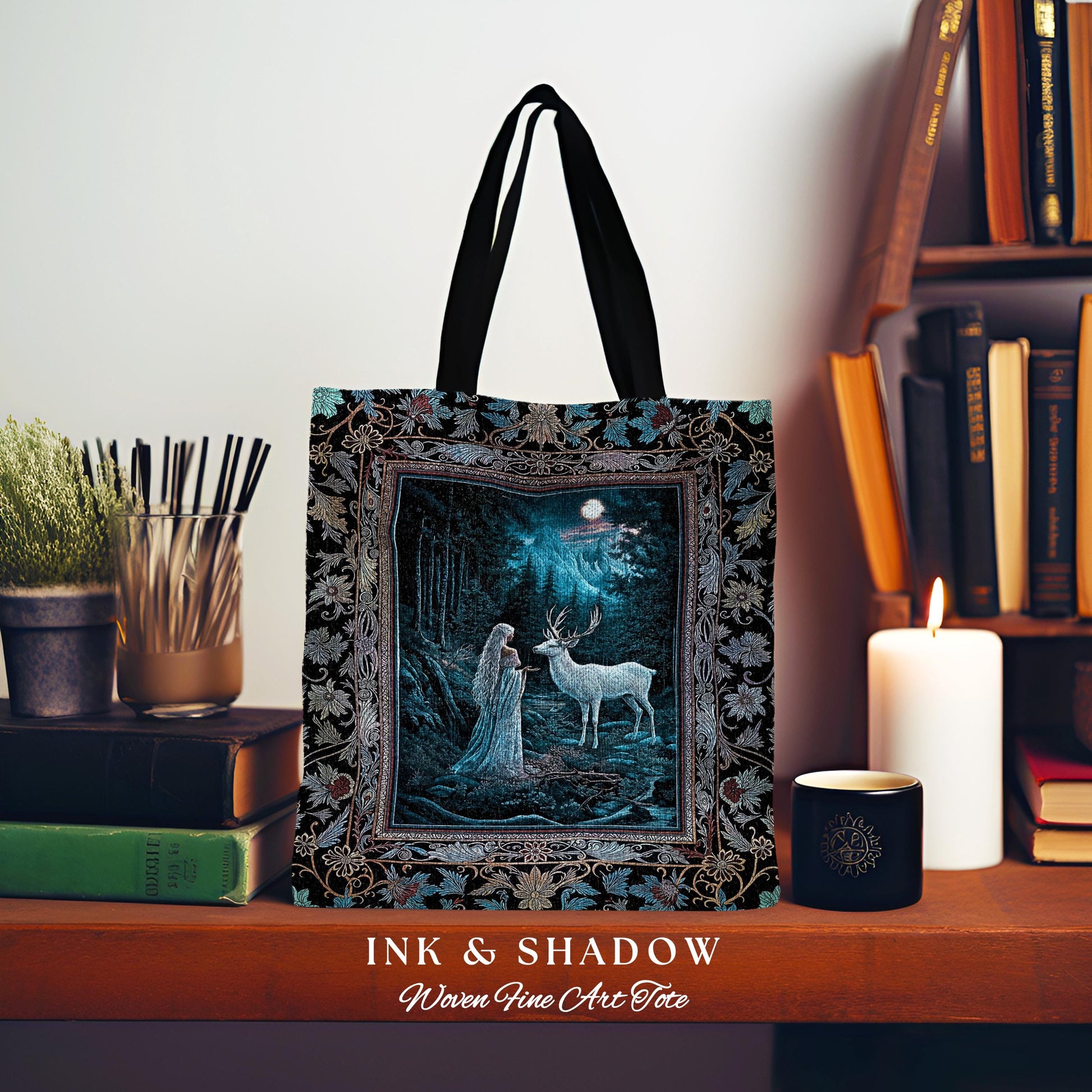 Midnight Magic Moonlit Fantasy Tote | Forest Goddess Spirit Animal Fairycore Ethereal Deer Woven Everyday Bag Folklore Inspired Nature |