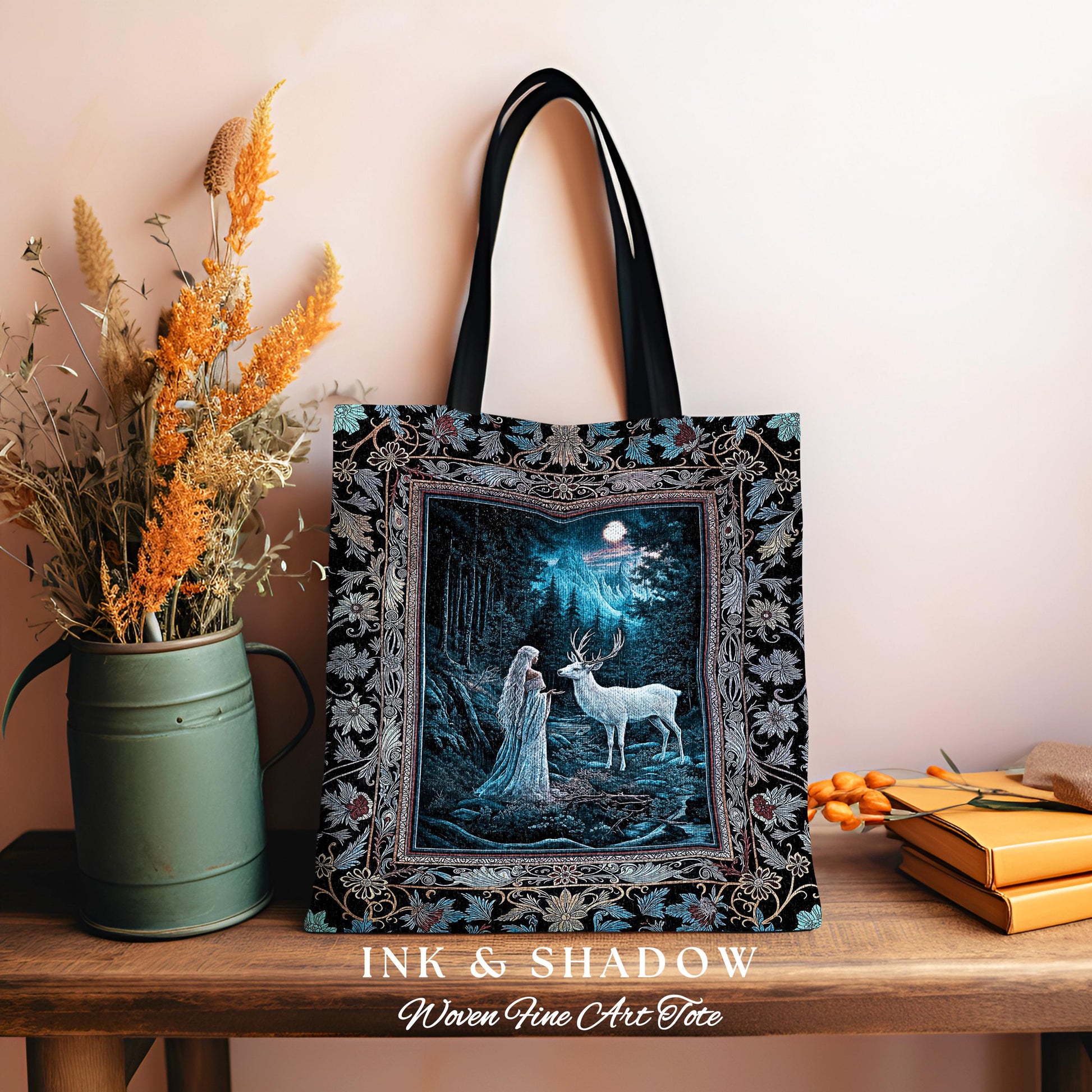 Midnight Magic Moonlit Fantasy Tote | Forest Goddess Spirit Animal Fairycore Ethereal Deer Woven Everyday Bag Folklore Inspired Nature |