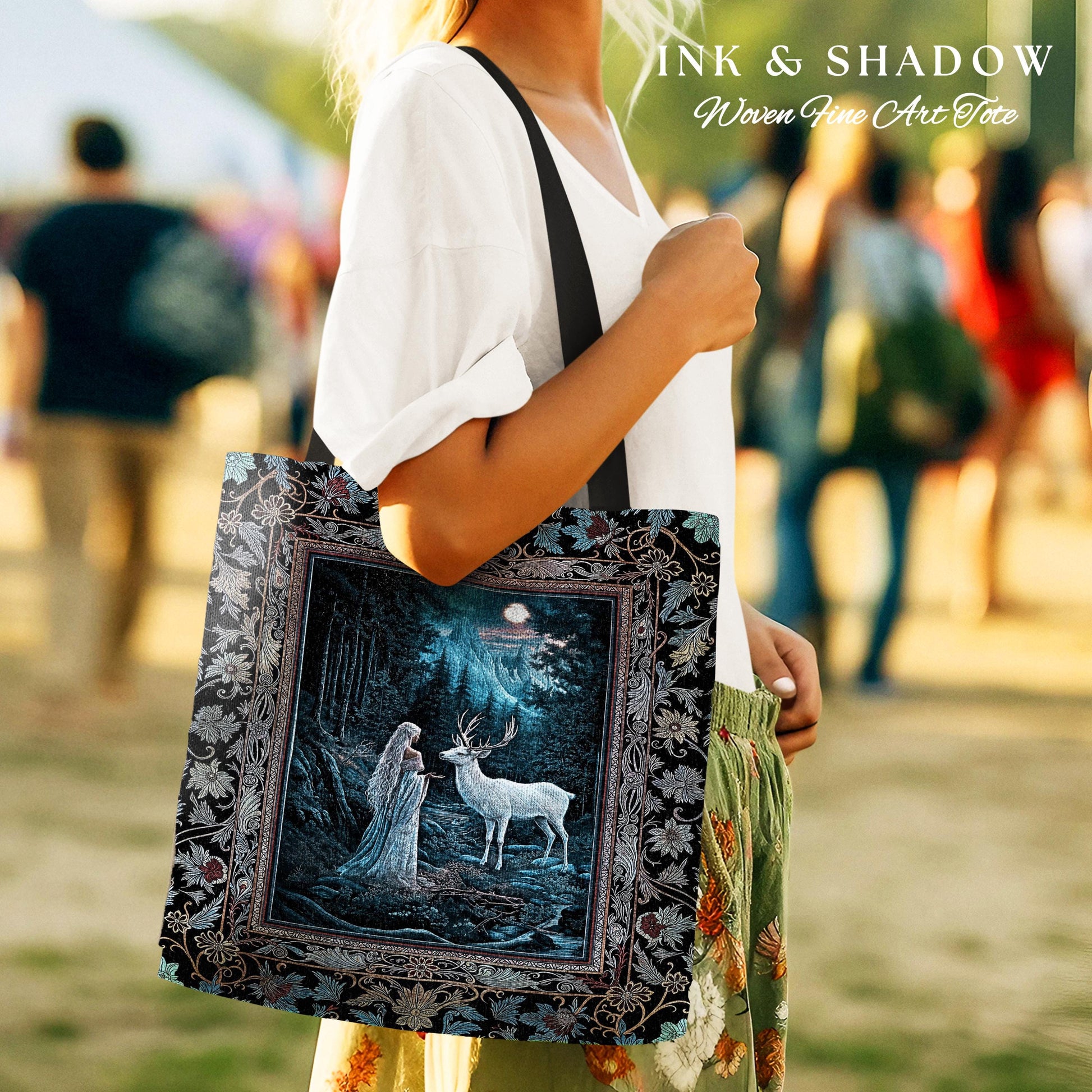 Midnight Magic Moonlit Fantasy Tote | Forest Goddess Spirit Animal Fairycore Ethereal Deer Woven Everyday Bag Folklore Inspired Nature |