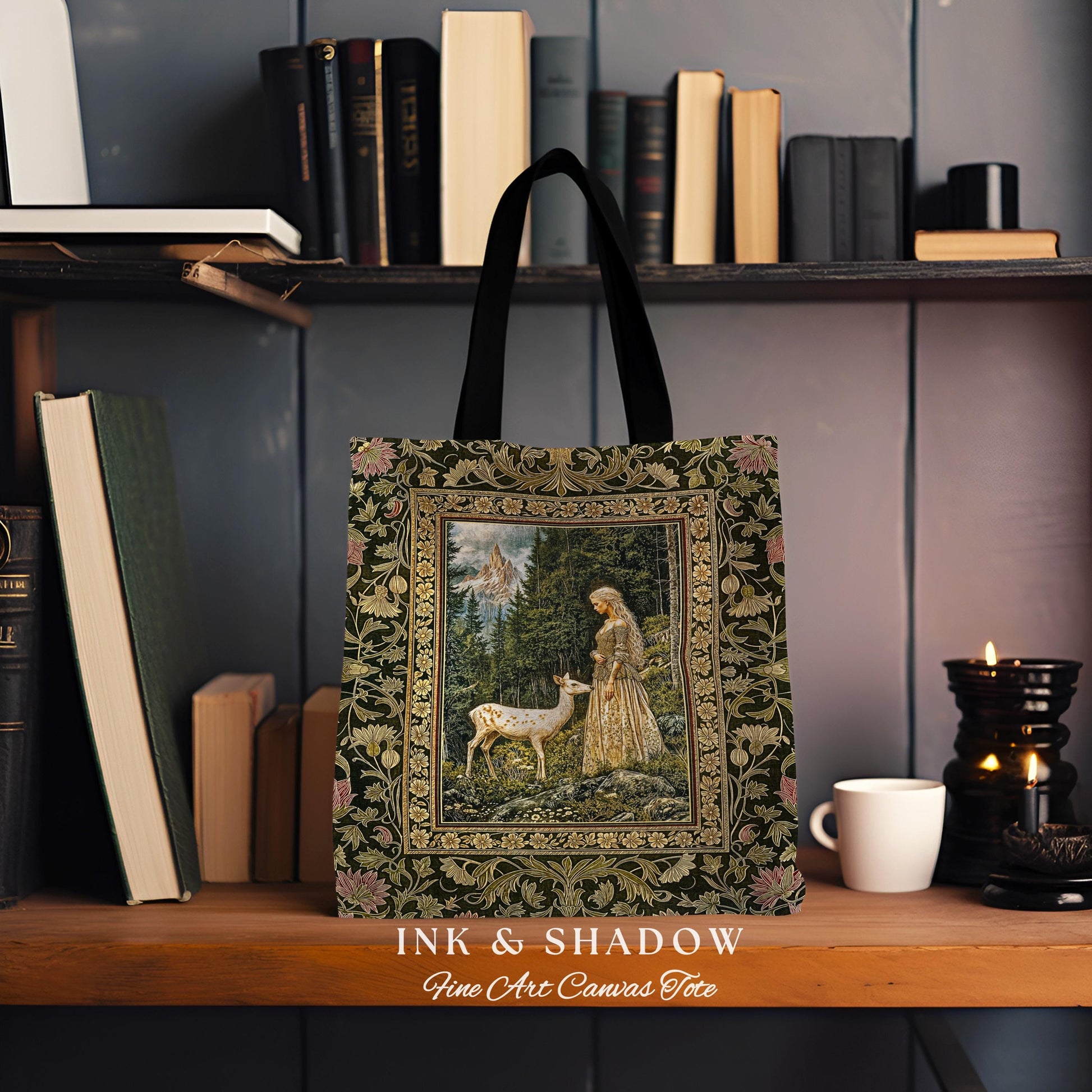 Whimsy Woodland Goddess Tote | Elegant Fairytale Tapestry Woven Shoulder Bag Victorian Botanical Princess Mystic Deer Forest Spirit Art