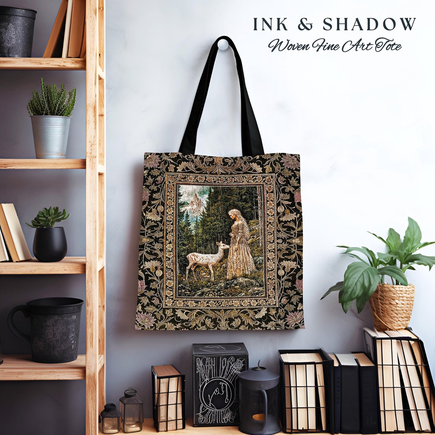 Whimsy Woodland Goddess Tote | Elegant Fairytale Tapestry Woven Shoulder Bag Victorian Botanical Princess Mystic Deer Forest Spirit Art