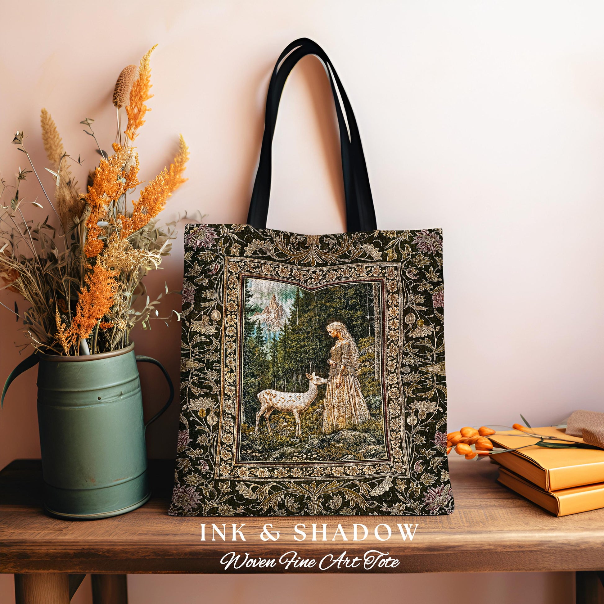 Whimsy Woodland Goddess Tote | Elegant Fairytale Tapestry Woven Shoulder Bag Victorian Botanical Princess Mystic Deer Forest Spirit Art