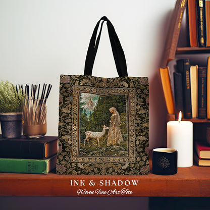 Whimsy Woodland Goddess Tote | Elegant Fairytale Tapestry Woven Shoulder Bag Victorian Botanical Princess Mystic Deer Forest Spirit Art