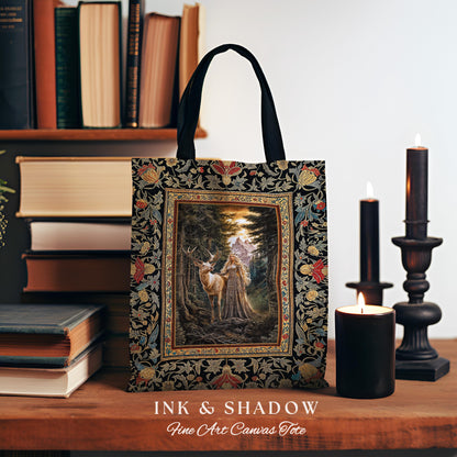 Enchanted Woods Fairytale Woven Tote | Dark Cottagecore Whimsical Royal Gothic Folklore Inspired Woodland Deer Magic Landscape Tapestry Bag