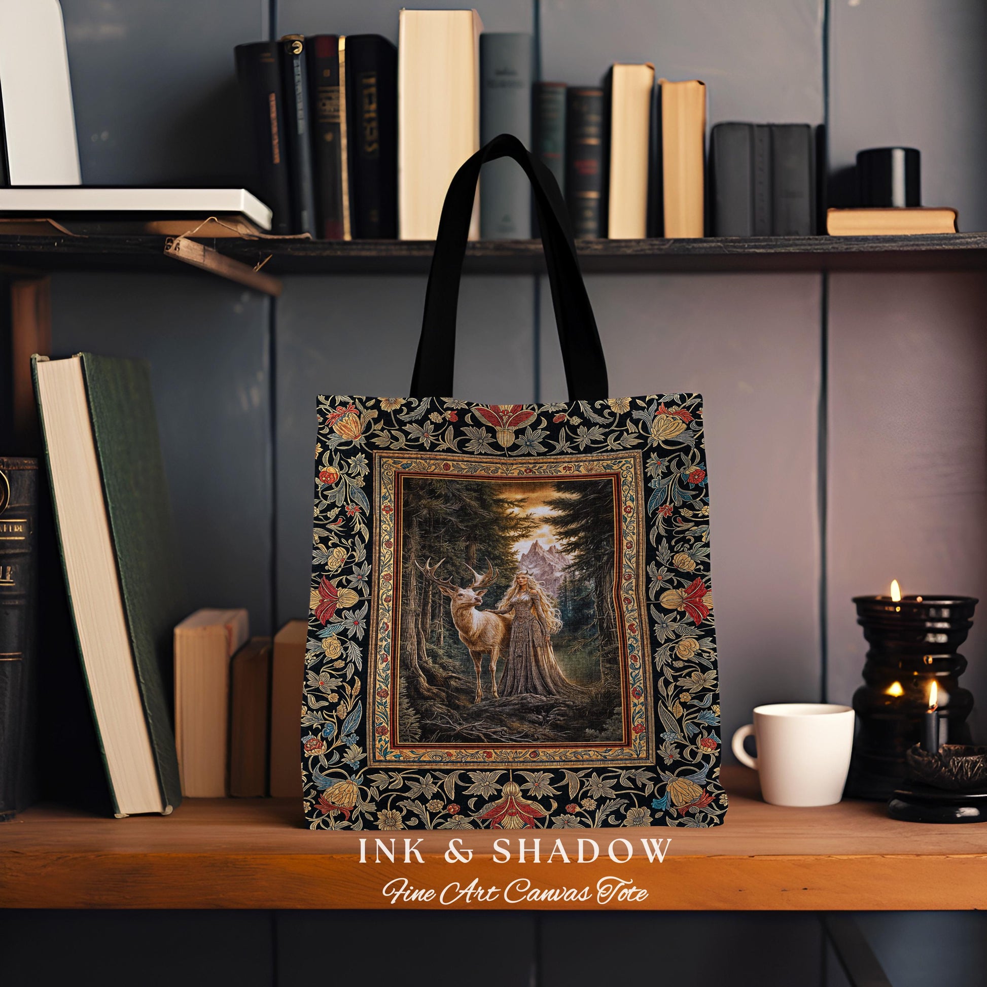 Enchanted Woods Fairytale Woven Tote | Dark Cottagecore Whimsical Royal Gothic Folklore Inspired Woodland Deer Magic Landscape Tapestry Bag