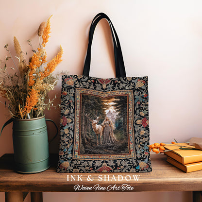 Enchanted Woods Fairytale Woven Tote | Dark Cottagecore Whimsical Royal Gothic Folklore Inspired Woodland Deer Magic Landscape Tapestry Bag