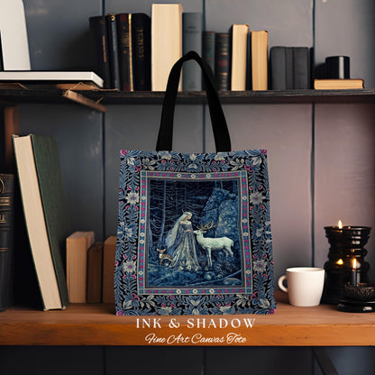 Spirit Animals Ethereal Goddess Tote | Storybook Aesthetic Magical Forest Nymph Fantasy Tapestry Bag Dark Victorian Woodland Deer Moody Art