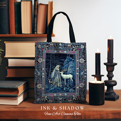 Spirit Animals Ethereal Goddess Tote | Storybook Aesthetic Magical Forest Nymph Fantasy Tapestry Bag Dark Victorian Woodland Deer Moody Art