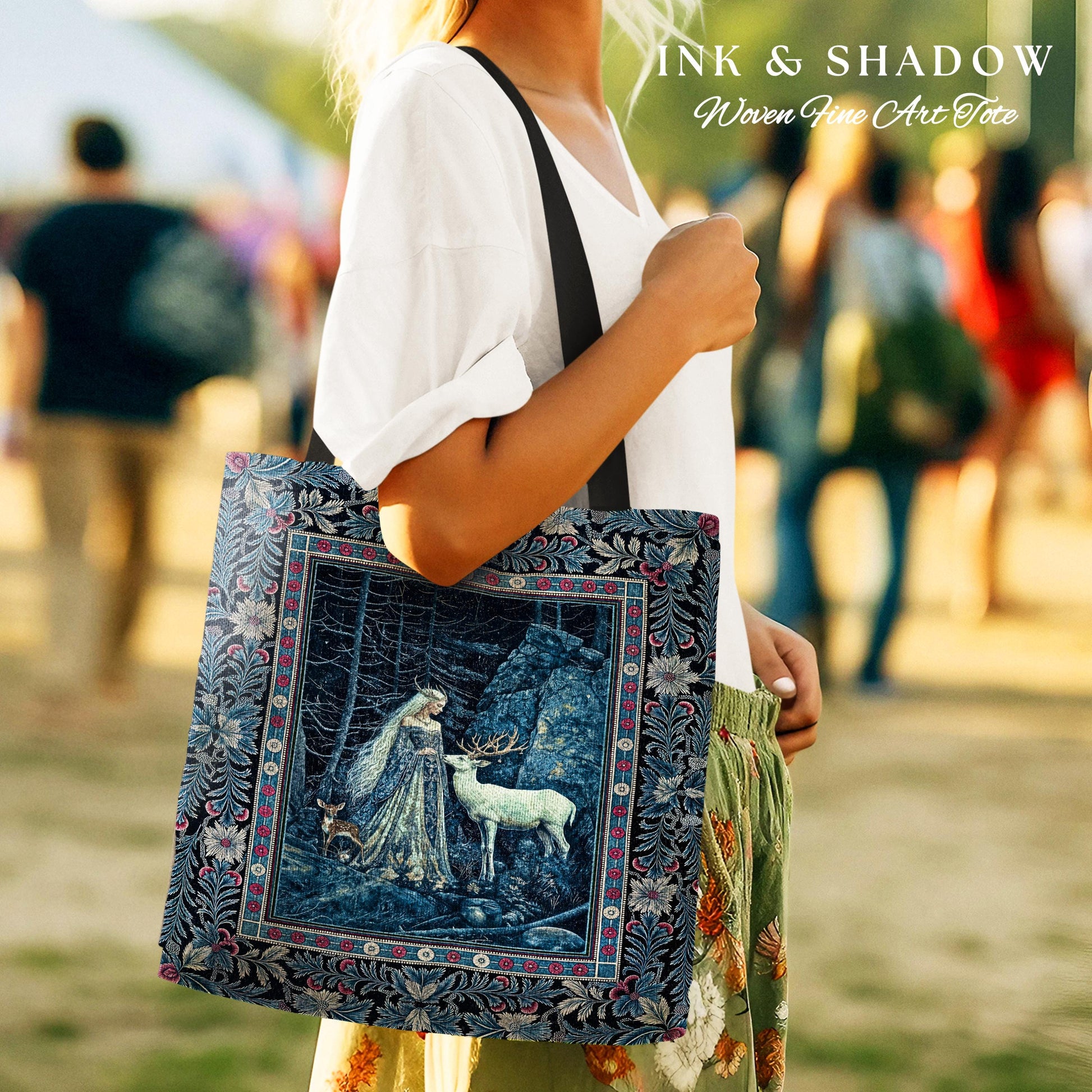 Spirit Animals Ethereal Goddess Tote | Storybook Aesthetic Magical Forest Nymph Fantasy Tapestry Bag Dark Victorian Woodland Deer Moody Art