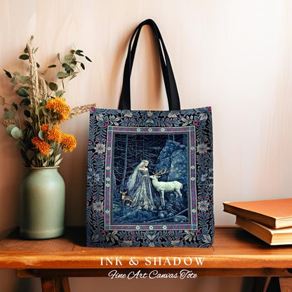 Spirit Animals Ethereal Goddess Tote | Storybook Aesthetic Magical Forest Nymph Fantasy Tapestry Bag Dark Victorian Woodland Deer Moody Art