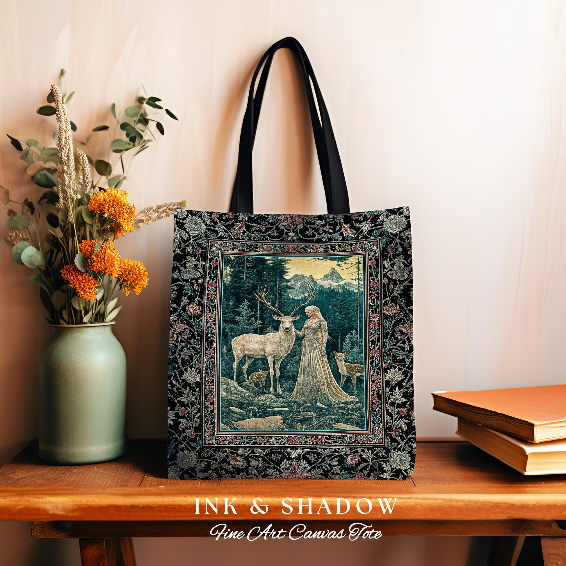 Twilight Forest Spirits Tote Bag | Mythic Woodland Fairycore Tapestry Bag Royal Gothic Renaissance Folklore Landscape Woven Victorian Style