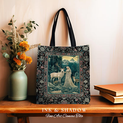 Twilight Forest Spirits Tote Bag | Mythic Woodland Fairycore Tapestry Bag Royal Gothic Renaissance Folklore Landscape Woven Victorian Style