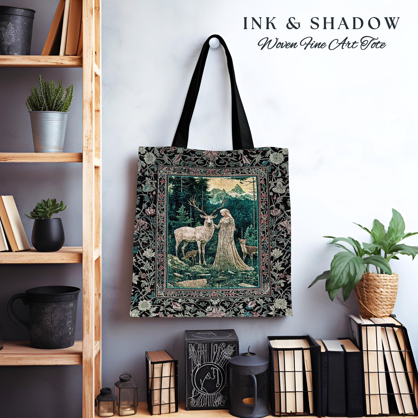 Twilight Forest Spirits Tote Bag | Mythic Woodland Fairycore Tapestry Bag Royal Gothic Renaissance Folklore Landscape Woven Victorian Style