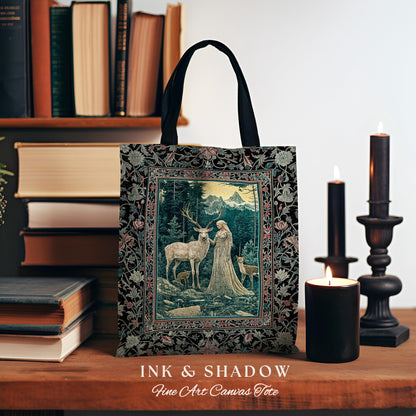 Twilight Forest Spirits Tote Bag | Mythic Woodland Fairycore Tapestry Bag Royal Gothic Renaissance Folklore Landscape Woven Victorian Style