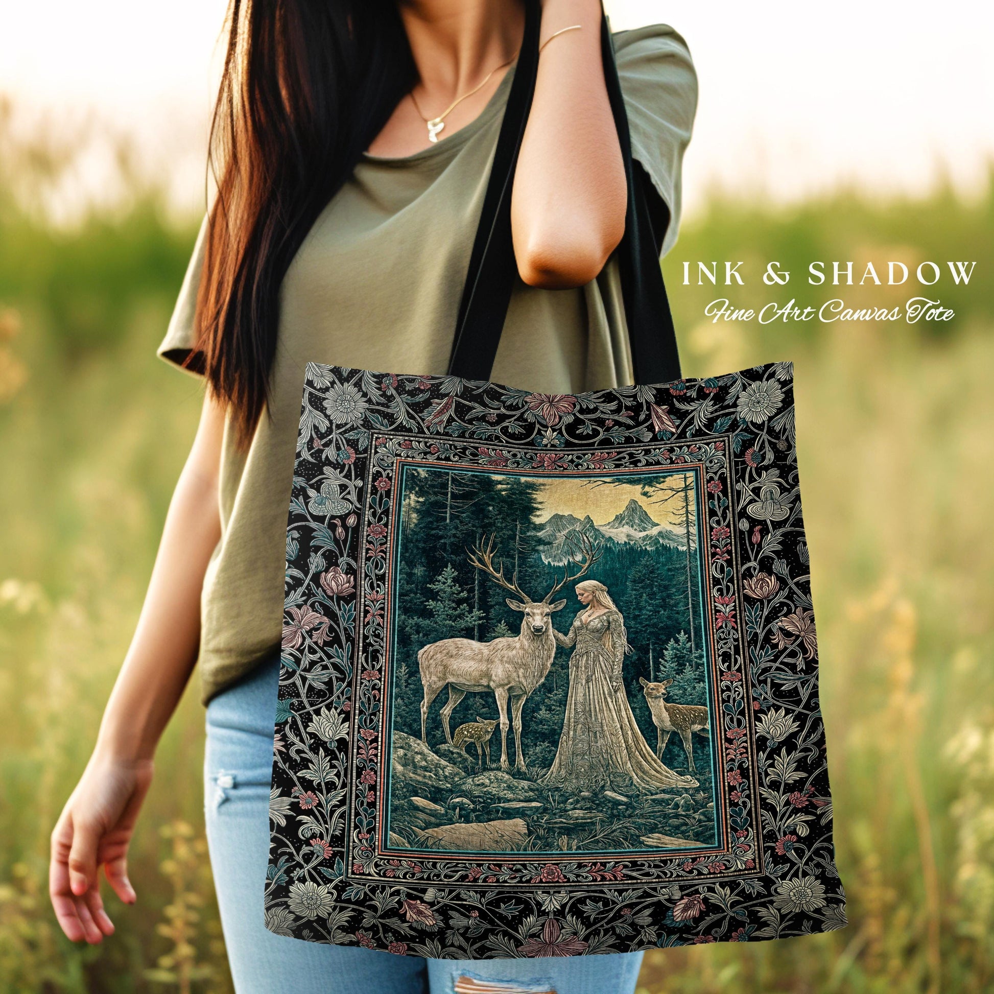 Twilight Forest Spirits Tote Bag | Mythic Woodland Fairycore Tapestry Bag Royal Gothic Renaissance Folklore Landscape Woven Victorian Style