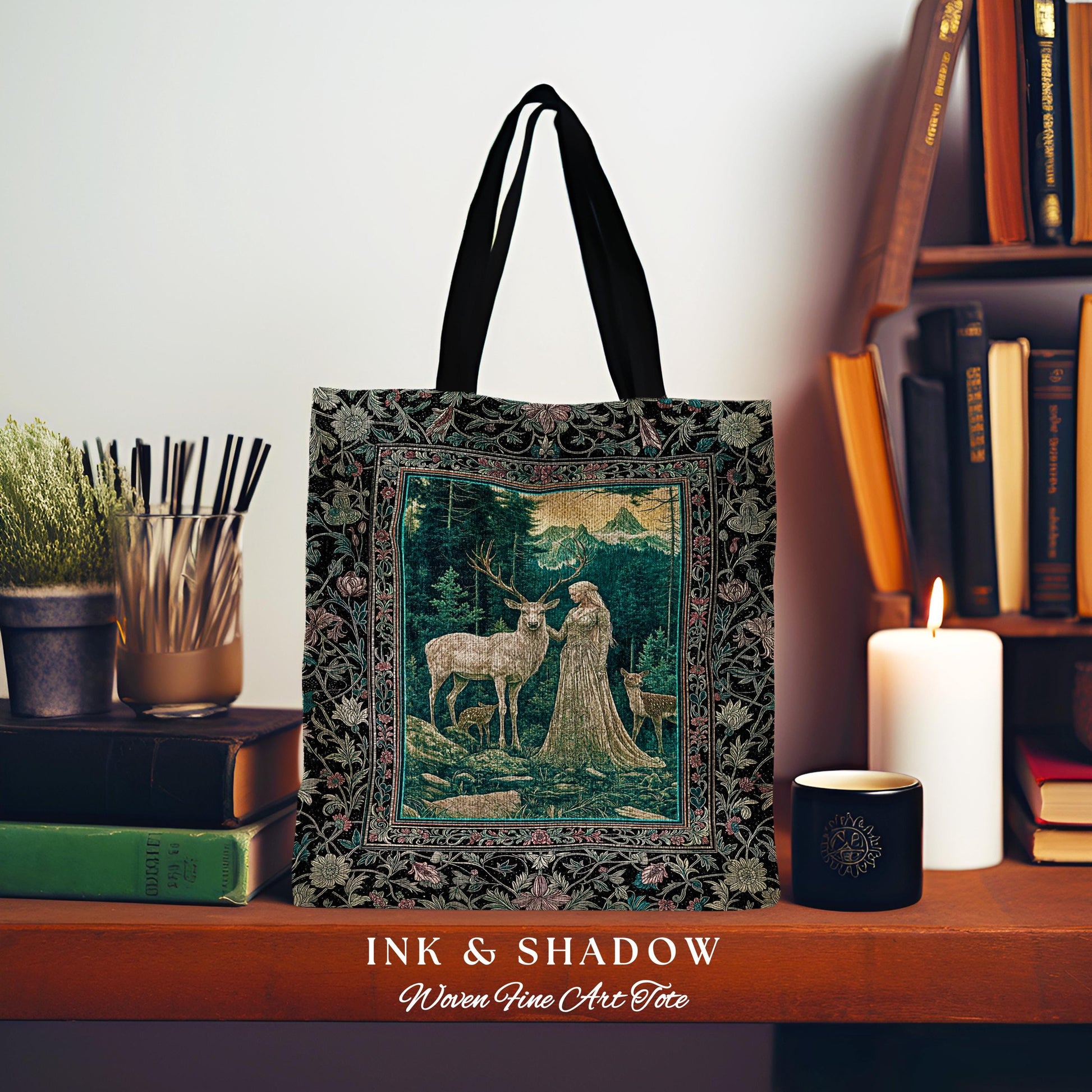 Twilight Forest Spirits Tote Bag | Mythic Woodland Fairycore Tapestry Bag Royal Gothic Renaissance Folklore Landscape Woven Victorian Style