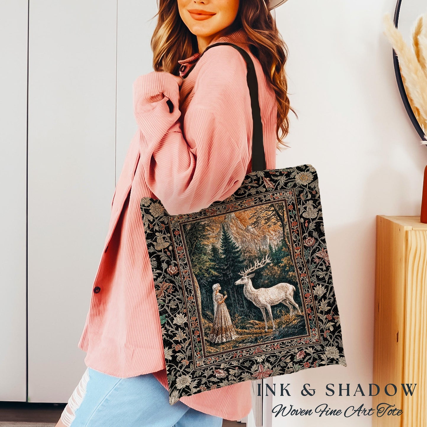 Mythic Landscape Gothic Forest Tote | Woodland Goddess Mystic Deer Tapestry Bag Forest Nymph Fairycore Woven Magical Botanical Deer Scene |