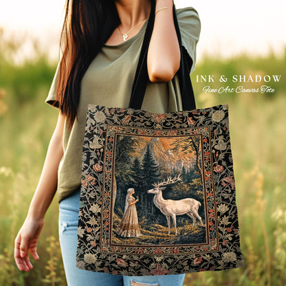 Mythic Landscape Gothic Forest Tote | Woodland Goddess Mystic Deer Tapestry Bag Forest Nymph Fairycore Woven Magical Botanical Deer Scene |