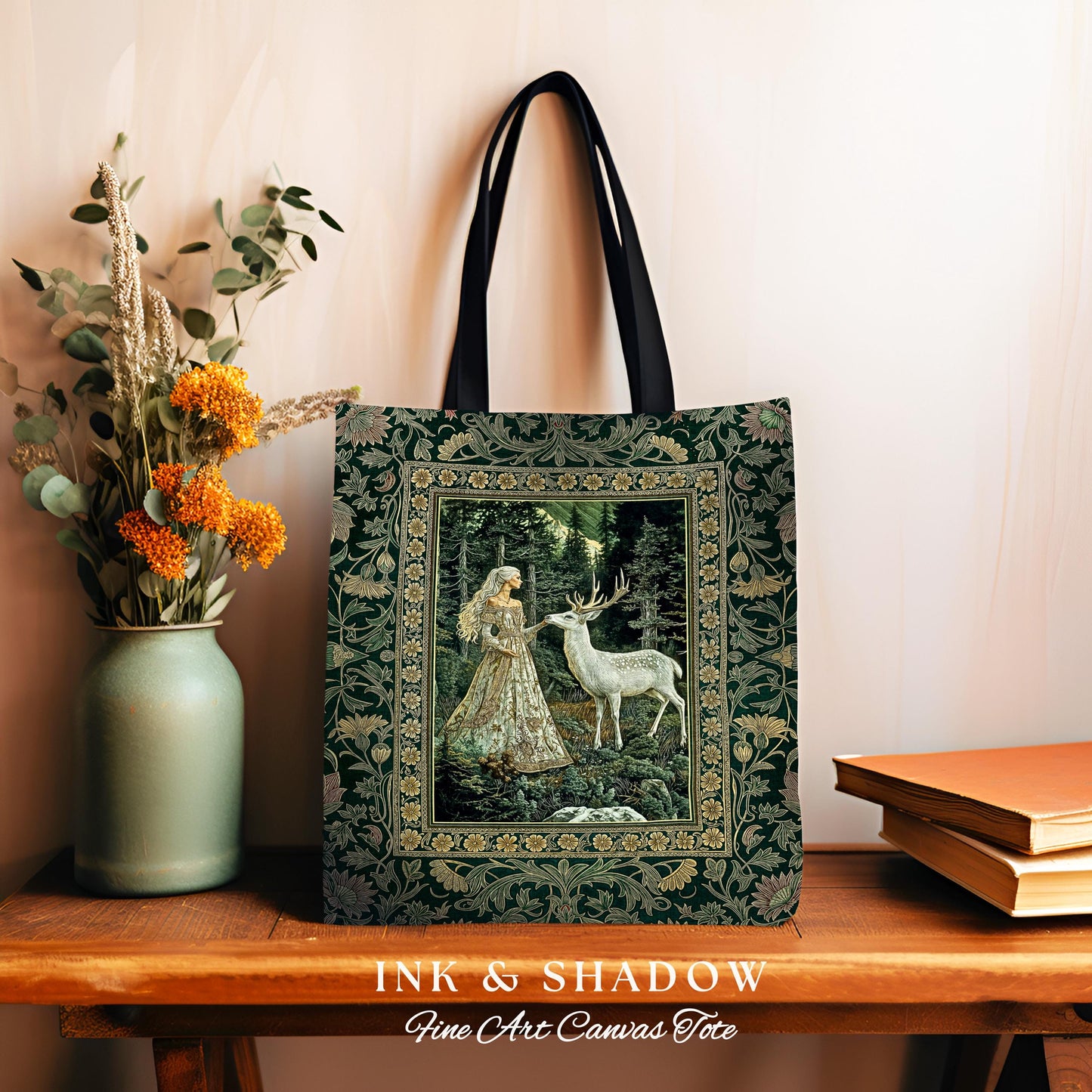 Botanical Folklore Ethereal Woven Tote | Forest Elegance Mother Earth Tapestry Bag Fantasy Dark Green Aesthetic Dark Fairycore Deer Romantic