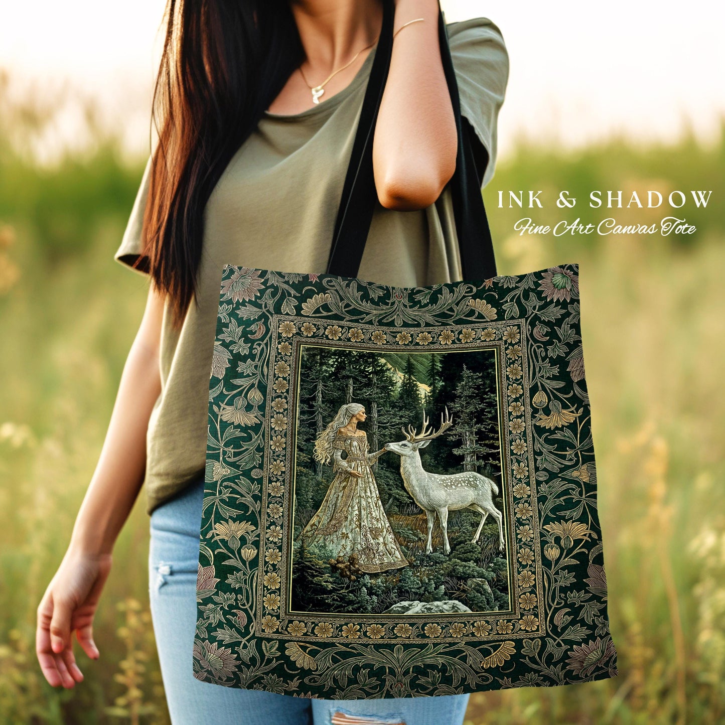 Botanical Folklore Ethereal Woven Tote | Forest Elegance Mother Earth Tapestry Bag Fantasy Dark Green Aesthetic Dark Fairycore Deer Romantic