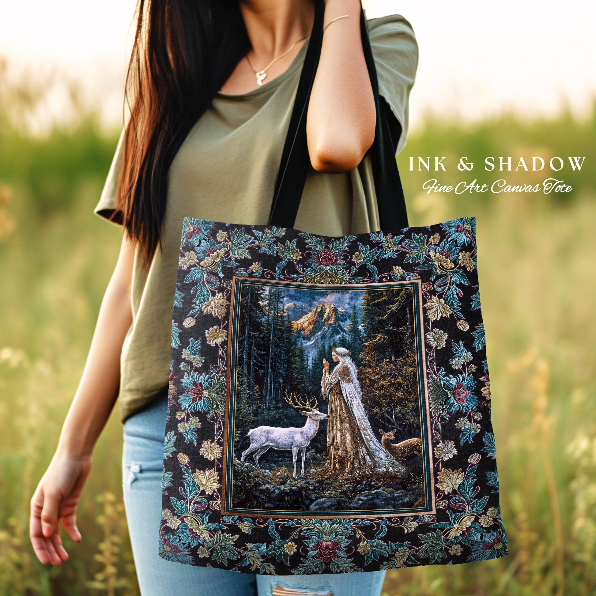 Magical Forest Fantasy Tapestry Tote | Ancient Druid Bag Woodland Spirit Animal Fairytale Decor Ethereal Woven Everyday Bag Folklore Artwork