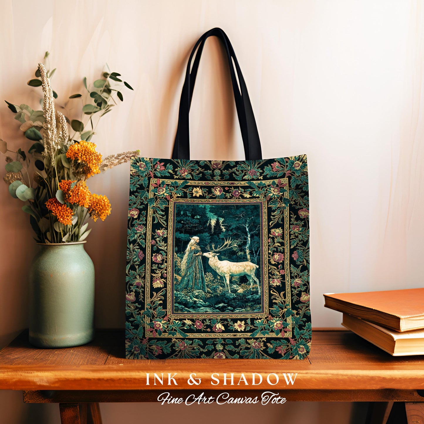 Moody Magic Forest Spirits Bag | Dark Nature Renaissance Botanical Cottagecore Medieval Folklore Inspired Fantasy Tapestry Woven Tote Boho