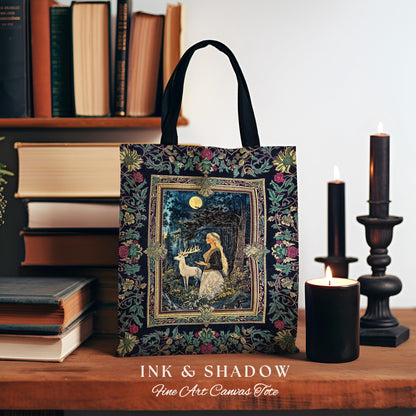 Moonlit Fairytale Mystic Tapestry Bag Woven | Woodland Gothic Forest Green Nature Goddess Bag Folklore Botanical Fantasy Renaissance Style |