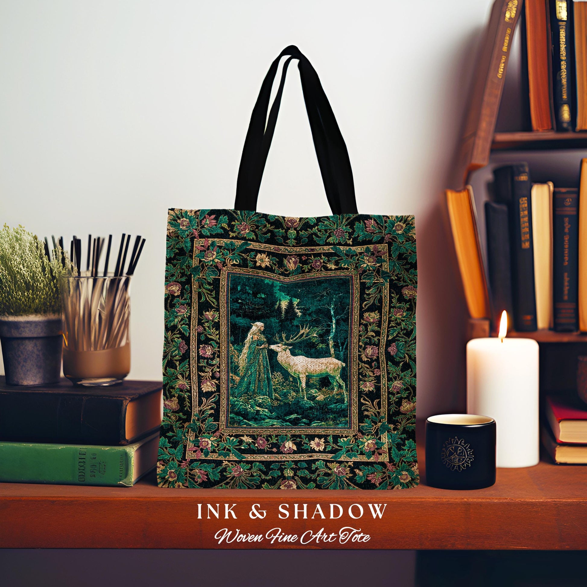 Moody Magic Forest Spirits Bag | Dark Nature Renaissance Botanical Cottagecore Medieval Folklore Inspired Fantasy Tapestry Woven Tote Boho