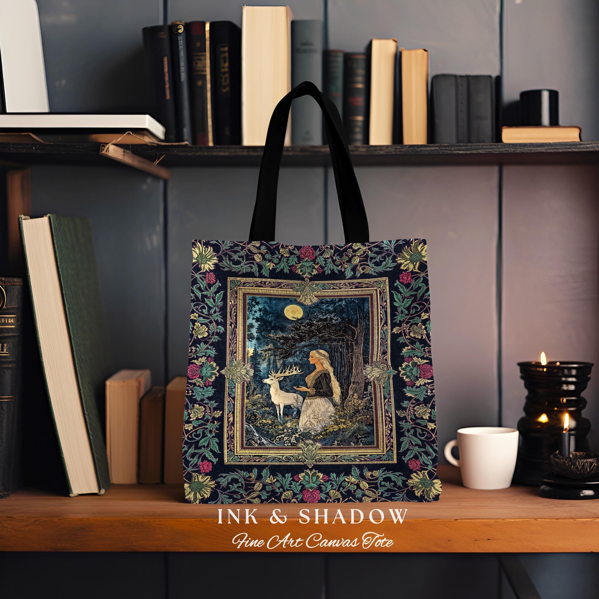 Moonlit Fairytale Mystic Tapestry Bag Woven | Woodland Gothic Forest Green Nature Goddess Bag Folklore Botanical Fantasy Renaissance Style |