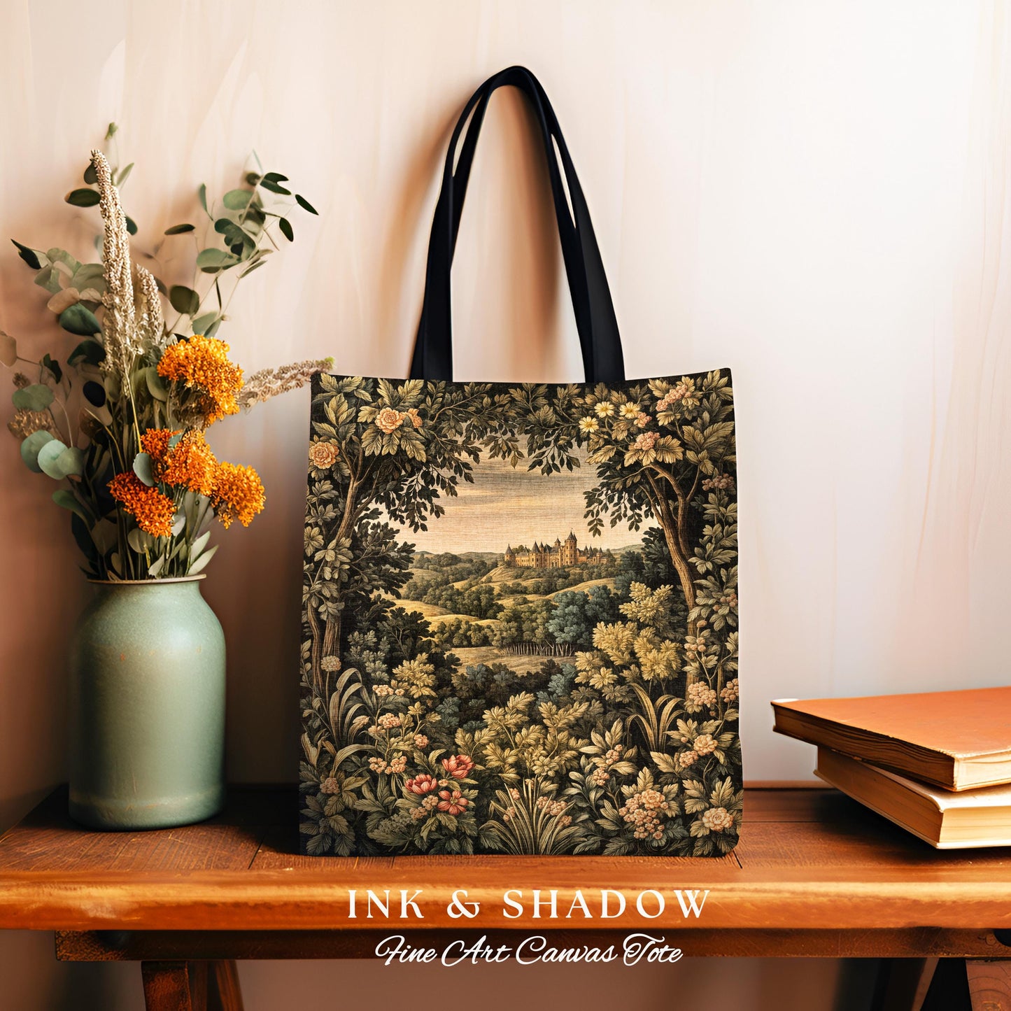 Medieval Meadow Tapestry Bag | Rustic Fairytale Tote Castle Landscape Woodland Fairy Folklore Princesscore Aesthetic Mystic Victorian Floral