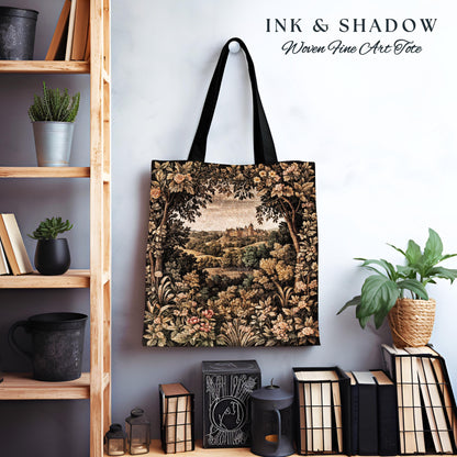 Medieval Meadow Tapestry Bag | Rustic Fairytale Tote Castle Landscape Woodland Fairy Folklore Princesscore Aesthetic Mystic Victorian Floral